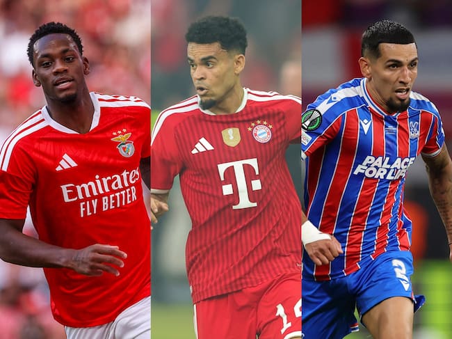 Jhon Durán, jugador colombiano del Benfica; Luis Díaz, jugador colombiano del Bayern Múnich y Daniel Muñoz, jugador colombiano del Crystal Palace. Fotos. Getty Images.