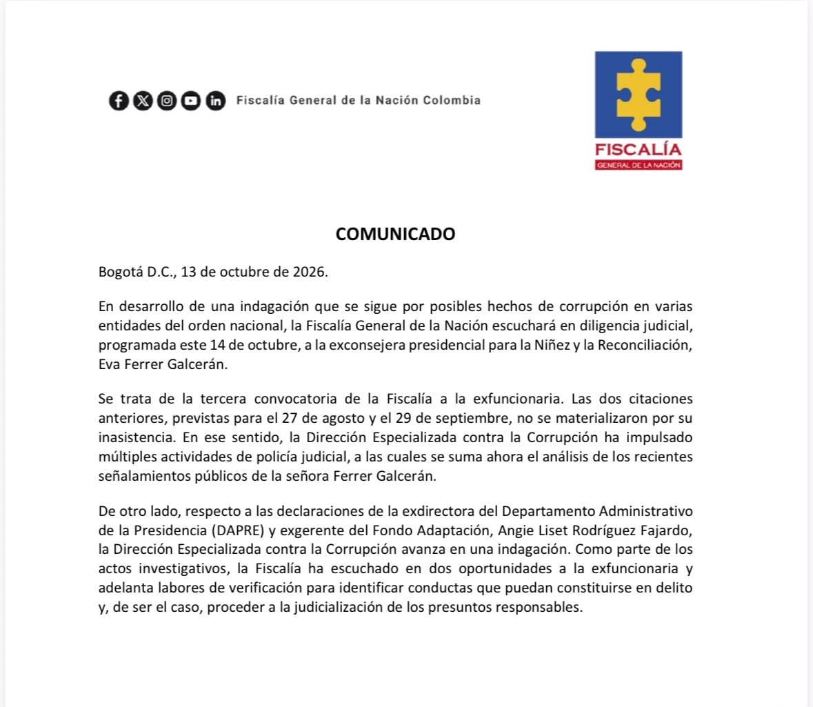 Comunicado de la Fiscalía. Foto: Fiscalía.