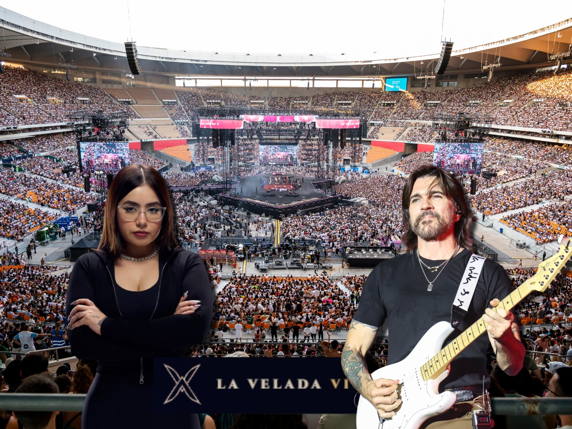 Estadio La Cartuja, en Sevilla, en donde se realizará la Velada del Año VI. Al frente, a la derecha, la influencer colombiana La Parce, a la derecha, el cantante colombiano Juanes. Fotos: Getty Images y página web oficial de la Velada VI.