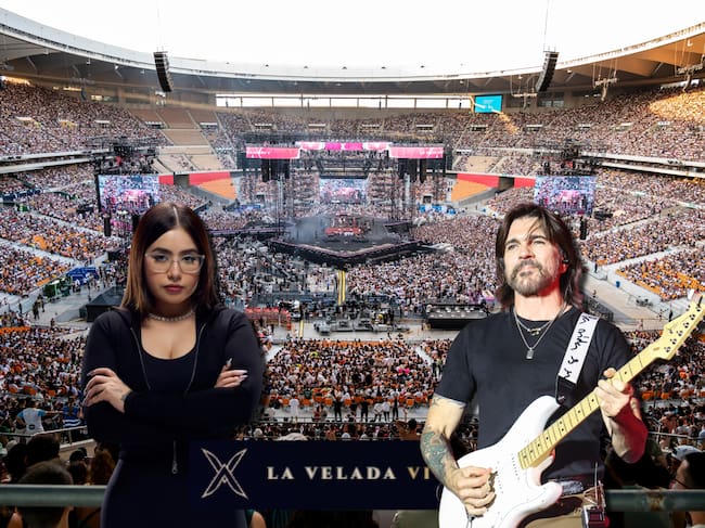 Estadio La Cartuja, en Sevilla, en donde se realizará la Velada del Año VI. Al frente, a la derecha, la influencer colombiana La Parce, a la derecha, el cantante colombiano Juanes. Fotos: Getty Images y página web oficial de la Velada VI.