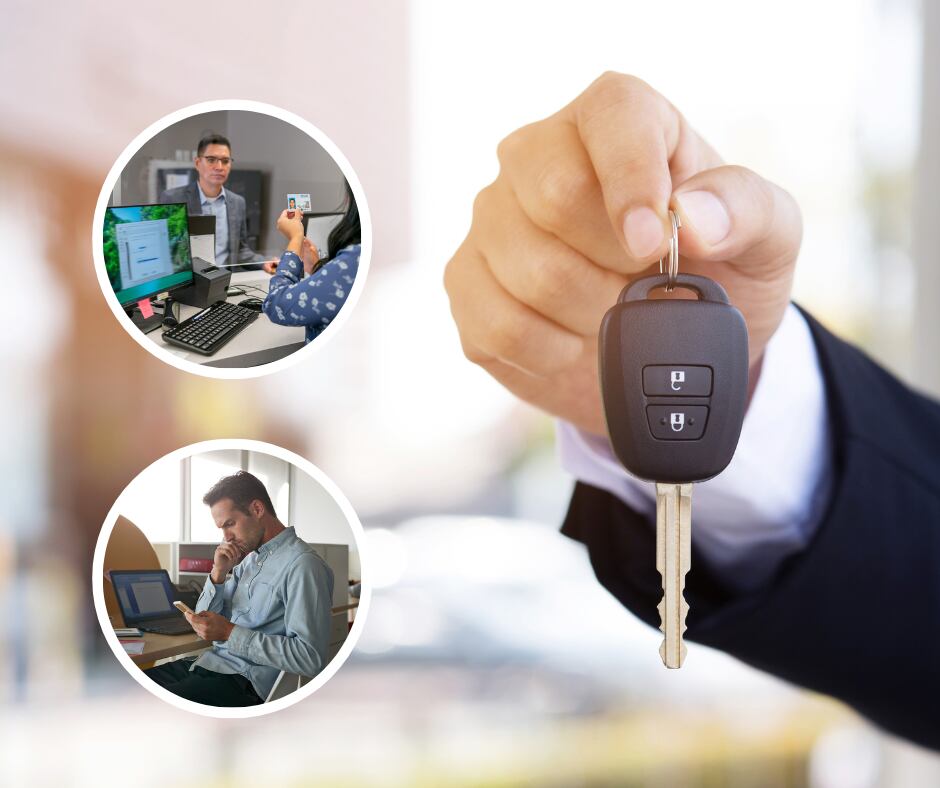 Llaves de un carro junto a una persona revisando una licencia y otro individuo pensando (Getty Images)