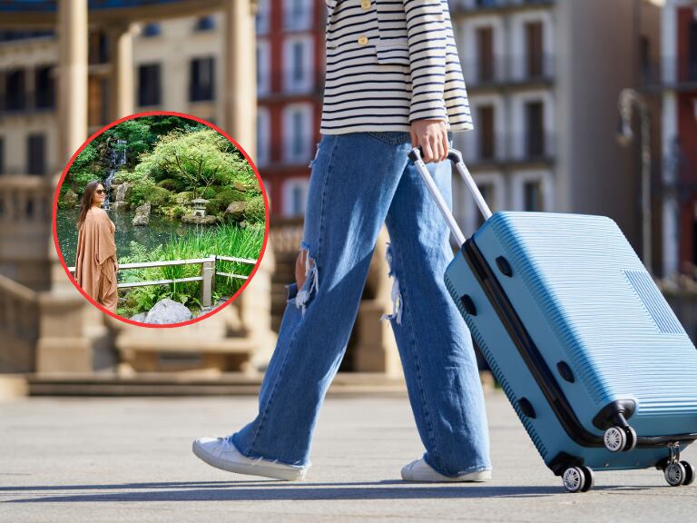 Mujer caminando con una maleta de viaje y en el fondo una mujer disfrutando de un paisale (Fotos vía Getty Images e Instagram, en la cuenta de @lolaannamendez)