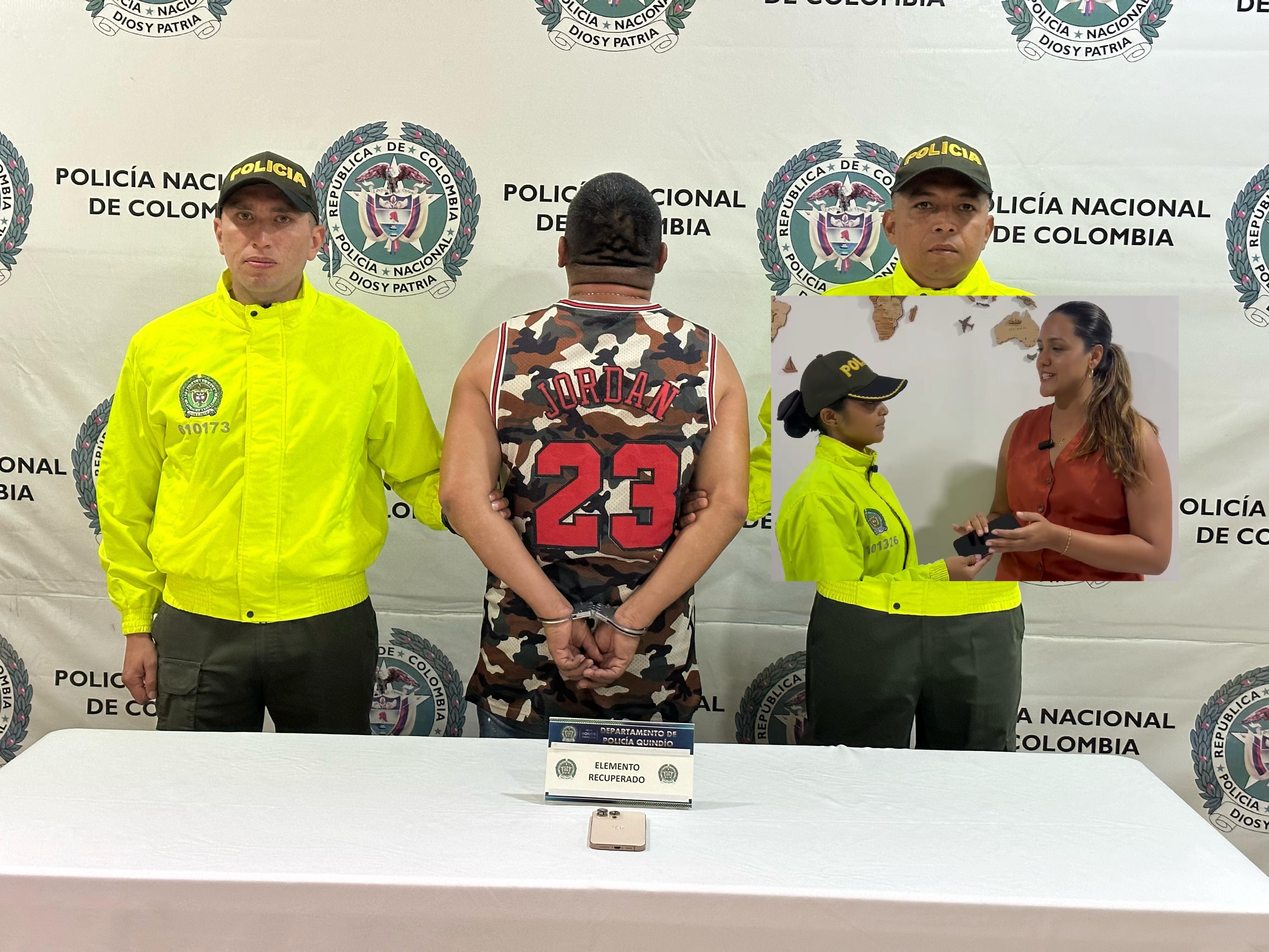 Hombre capturado sindicado de robar celular a periodista en Armenia. Foto: Cortesía Policía, Quindío