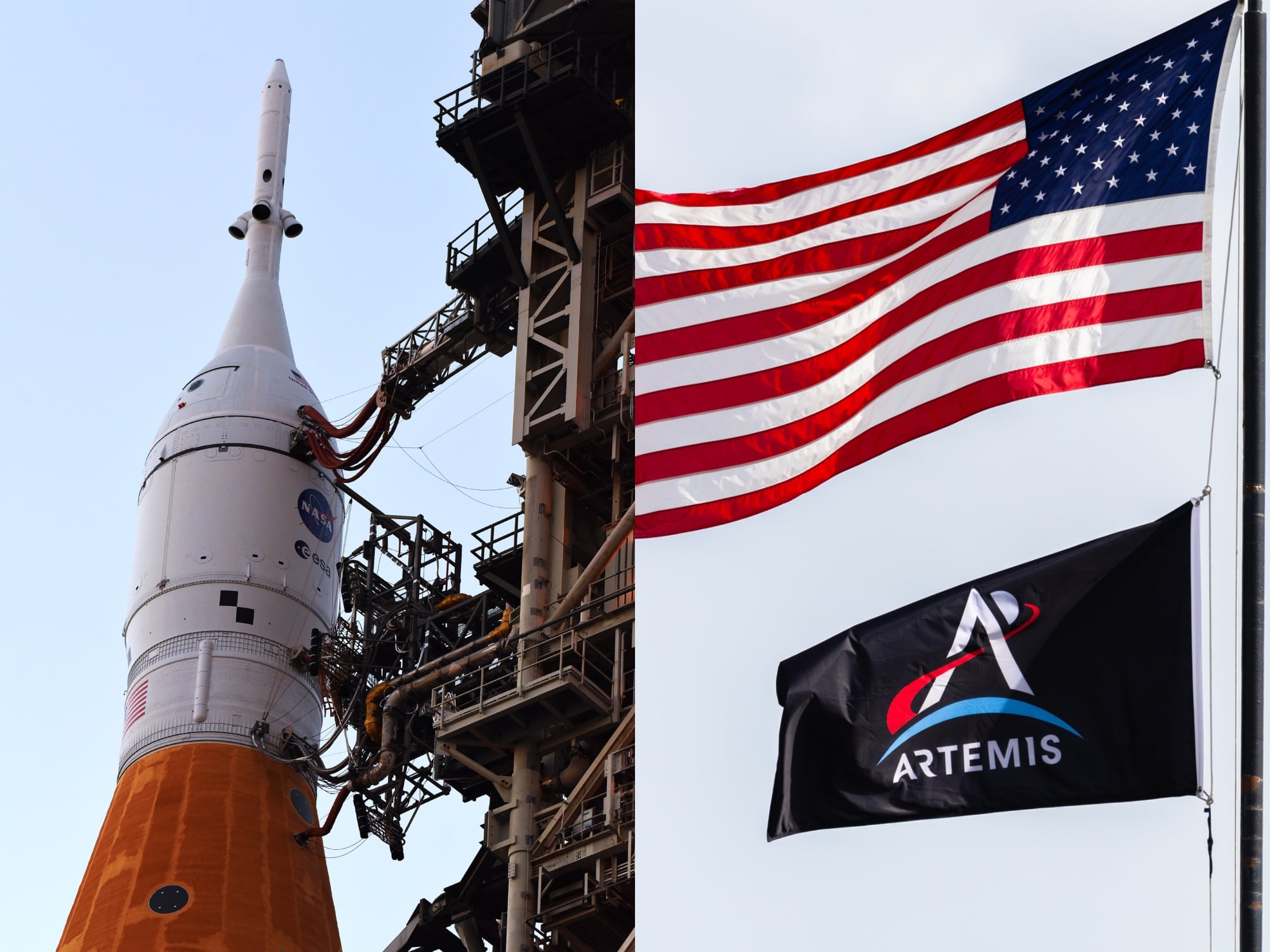 Cohete de la misión Artemis II, junto a banderas de Estados Unidos y Artemis II. Fotos: Getty Images.