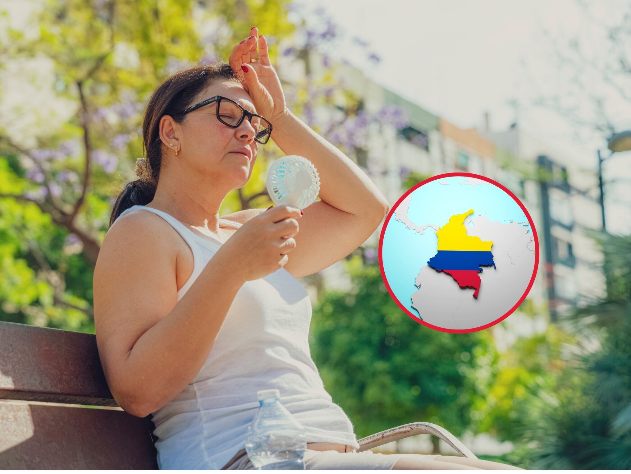 De fondo: Mujer en un parque refrescándose ante la luz del sol. A la izquierda se encuentra una ilustración de Colombia dentro de las fronteras de américa (Crédito: Getty Images)