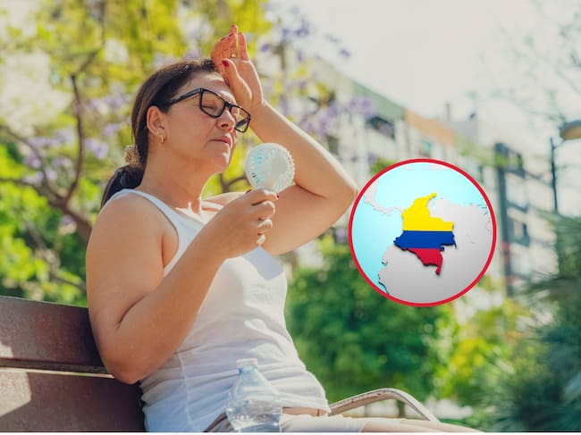 De fondo: Mujer en un parque refrescándose ante la luz del sol. A la izquierda se encuentra una ilustración de Colombia dentro de las fronteras de américa (Crédito: Getty Images)