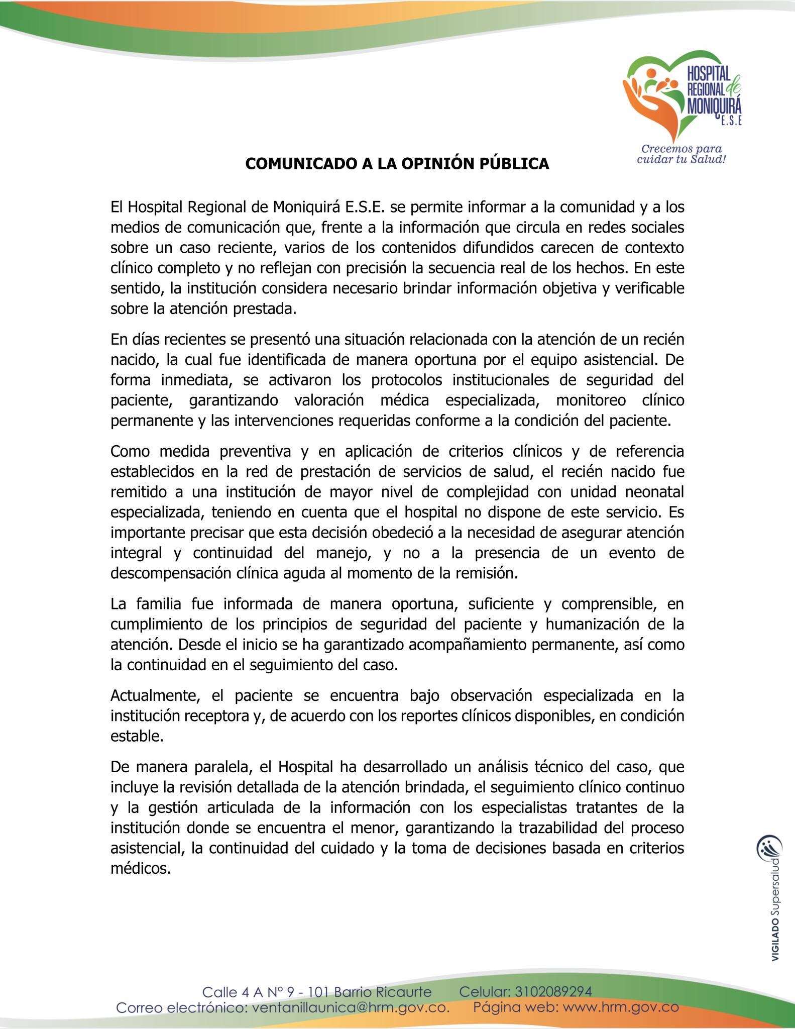 Denuncian presunta negligencia en el Hospital de Moniquirá: bebé habría recibido medicamento equivocado y terminó en UCI neonatal