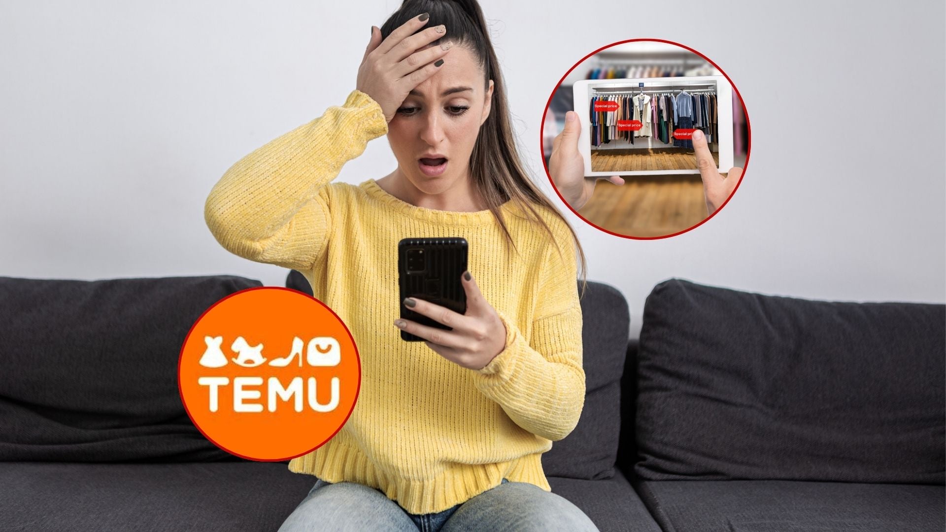 Mujer revisando celular - Imagen de compras virtuales - Logo de Temu - Getty Images - Cortesía Temu
