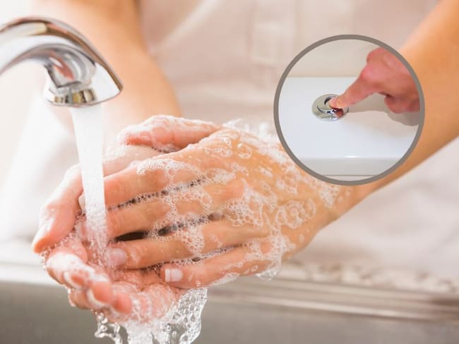 Imagen de referencia // persona lavándose las manos // En el círculo persona presionando un inodoro // Getty Images //