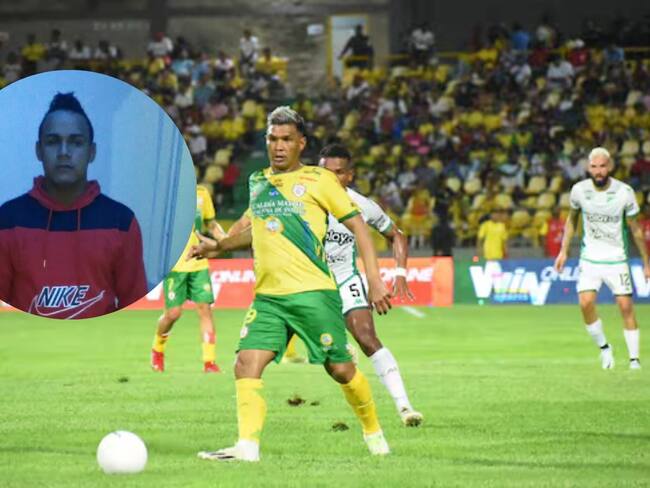 Teófilo Gutiérrez durante un partido con el Real Cartagena y en el círculo su tío fallecido.