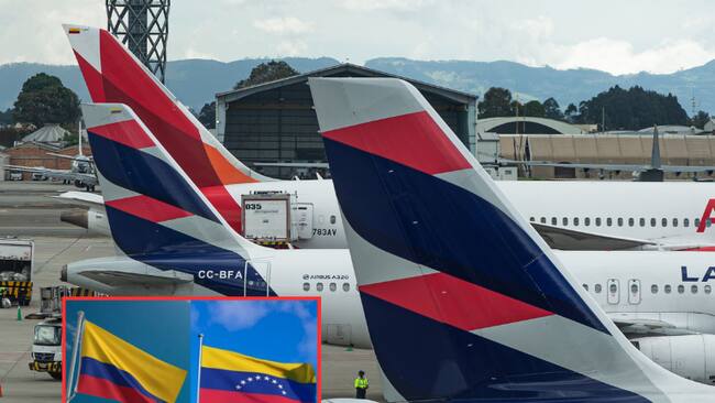 Aviones en un aeropuerto y al lado las banderas de Colombia y Venezuela (Fotos vía Getty Images)