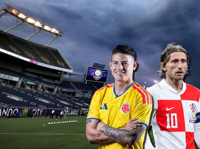 En el fondo, el Camping World Stadium de Orlando, Florida, en Estados Unidos. Al frente a la izquierda, James Rodríguez; a la derecha, Luka Modric, de Croacia. Fotos: Getty Images.