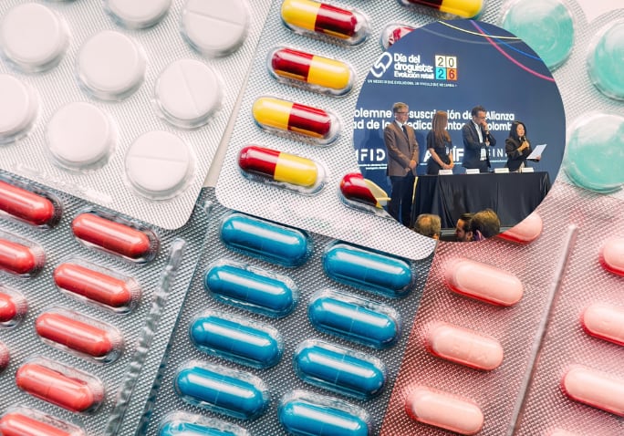 Firma de la Alianza por la Legalidad de los Medicamentos en Colombia. Foto de fondo: Getty Images