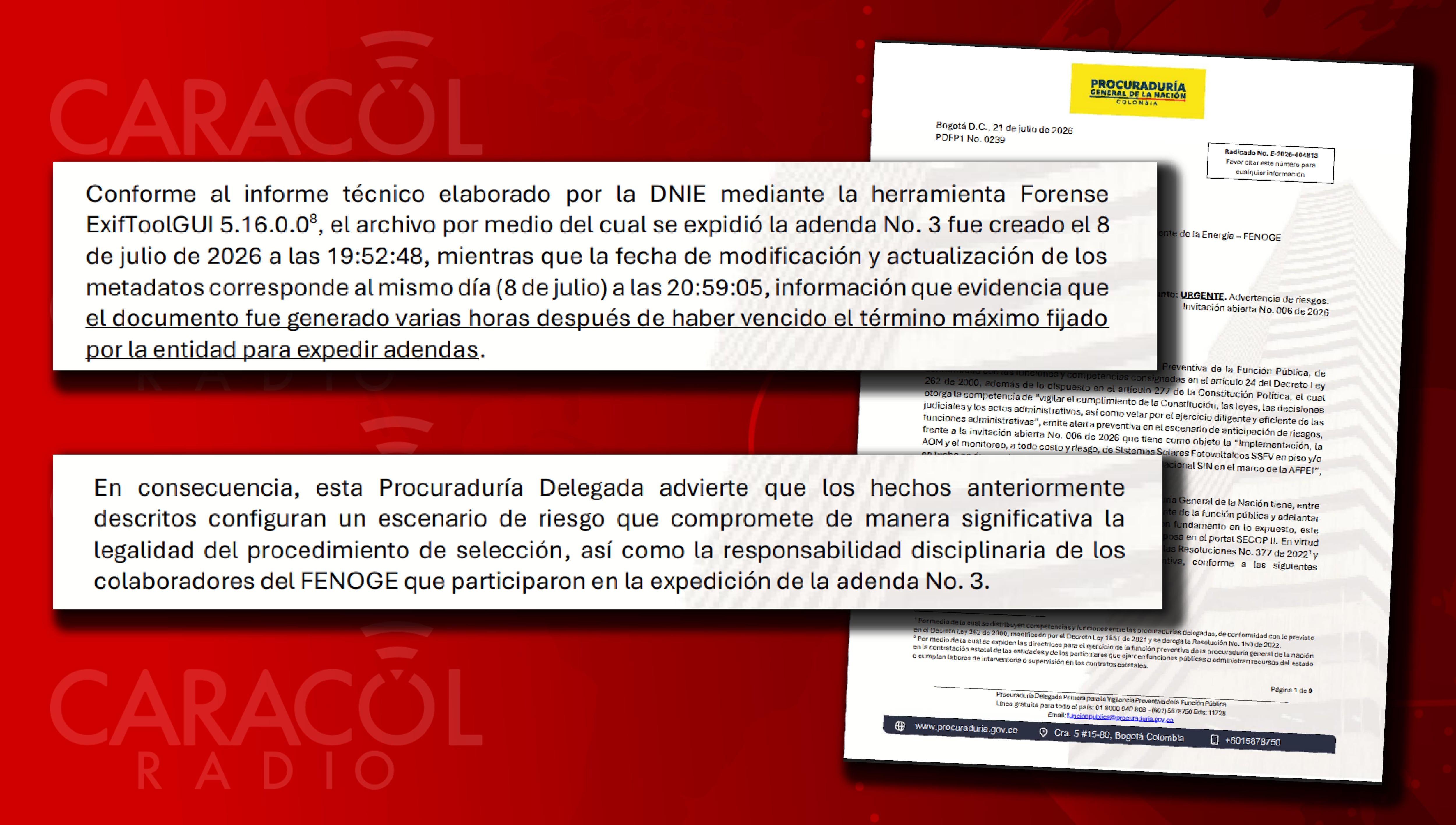 La Adenda número 3 del expediente contractual se generó varias horas después de haber vencido el término máximo fijado por Fenoge, advierte la Procuraduría.