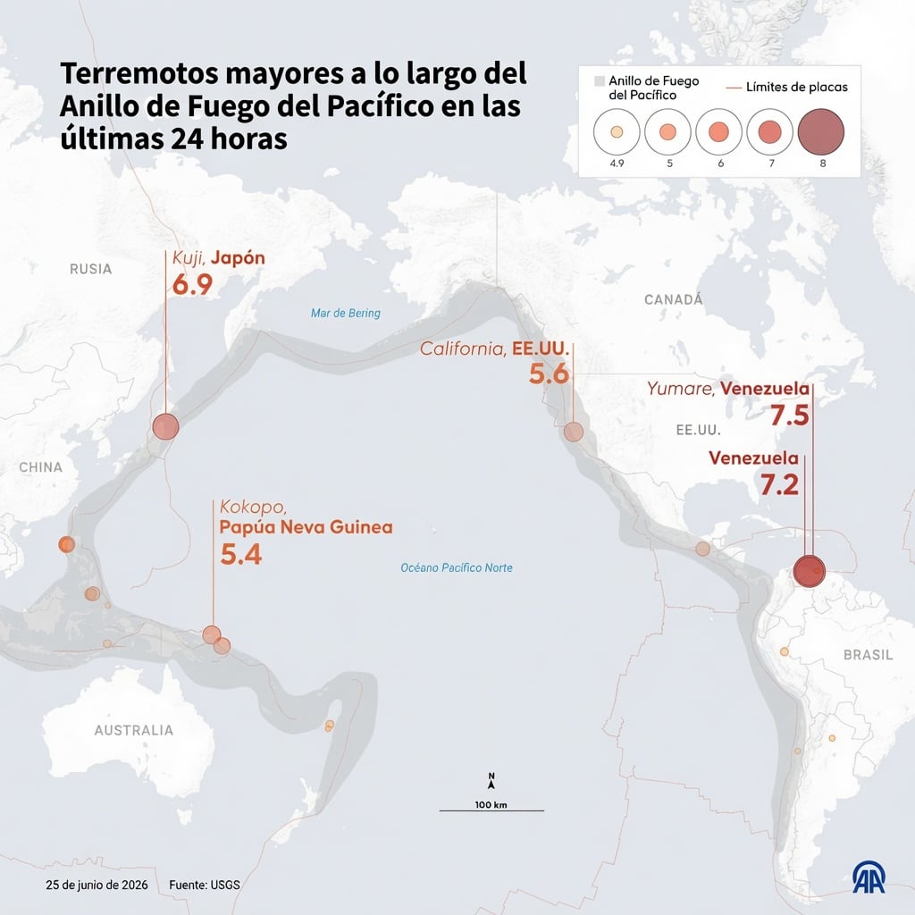 Sismos en el Cinturón de Fuego del Pacífico el 24 de junio de 2026. AFP/Anadolu