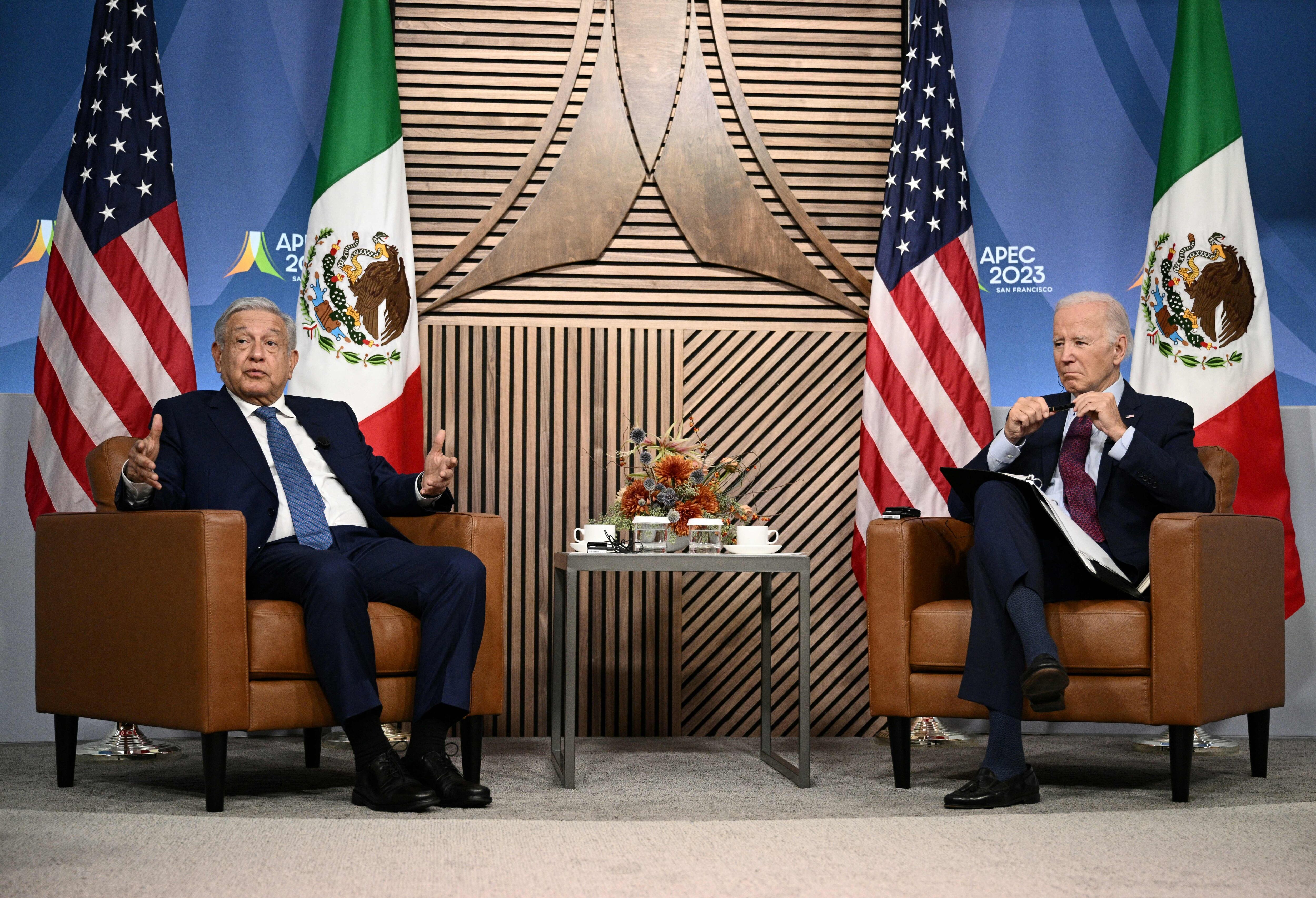 US President Joe Biden (R) looks on as Mexican President Andres Manuel Lopez Obrador speaks during a bilateral meeting on the last day of the Asia-Pacific Economic Cooperation (APEC) Leaders' Week in San Francisco, California, on November 17, 2023. (Photo by Brendan SMIALOWSKI / AFP) (Photo by BRENDAN SMIALOWSKI/AFP via Getty Images)