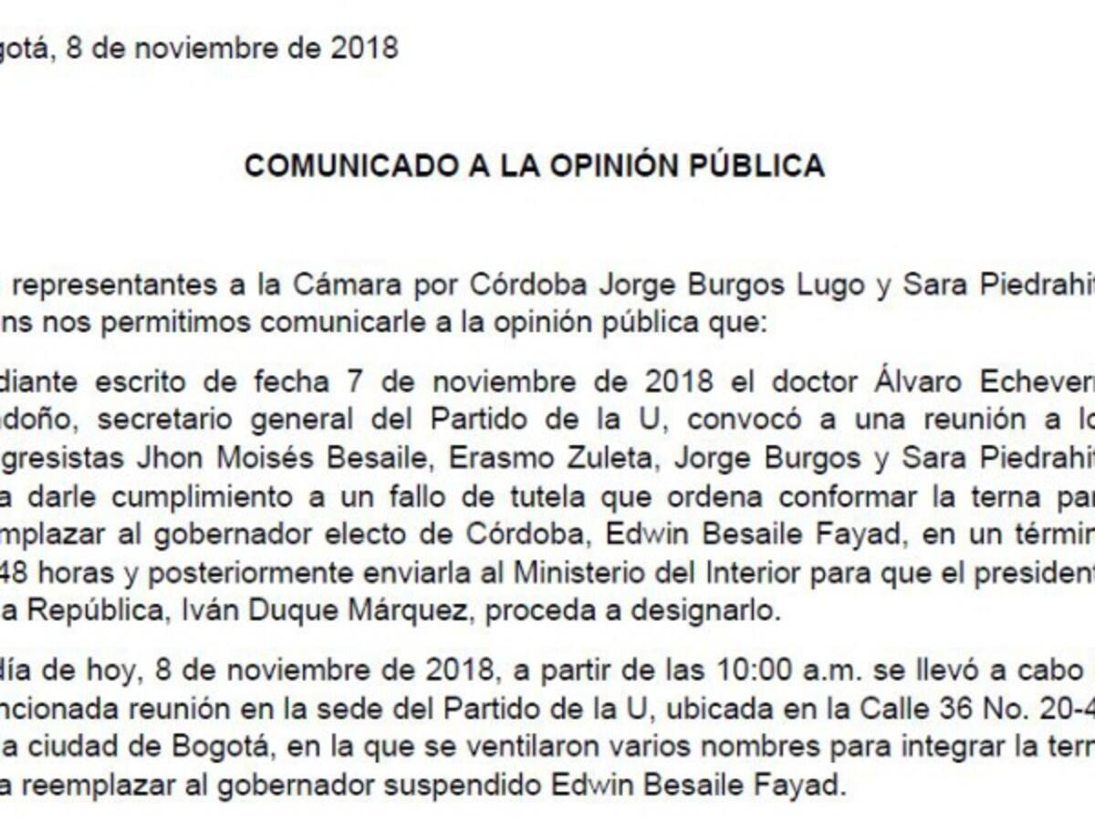 Partido de La U tiene lista la terna para designar al gobernador de Córdoba
