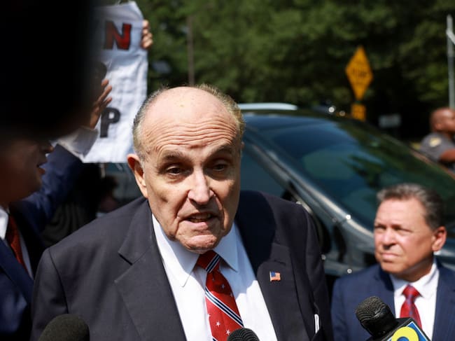 ATLANTA, GEORGIA - AUGUST 23: Rudy Giuliani speaks to the media after leaving the Fulton County jail on August 23, 2023 in Atlanta, Georgia. Giuliani is one of 19, including former President Donald Trump, facing felony charges in the indictment related to tampering with the 2020 election in Georgia who have been ordered to turn themselves in by August 25. (Photo by Joe Raedle/Getty Images)