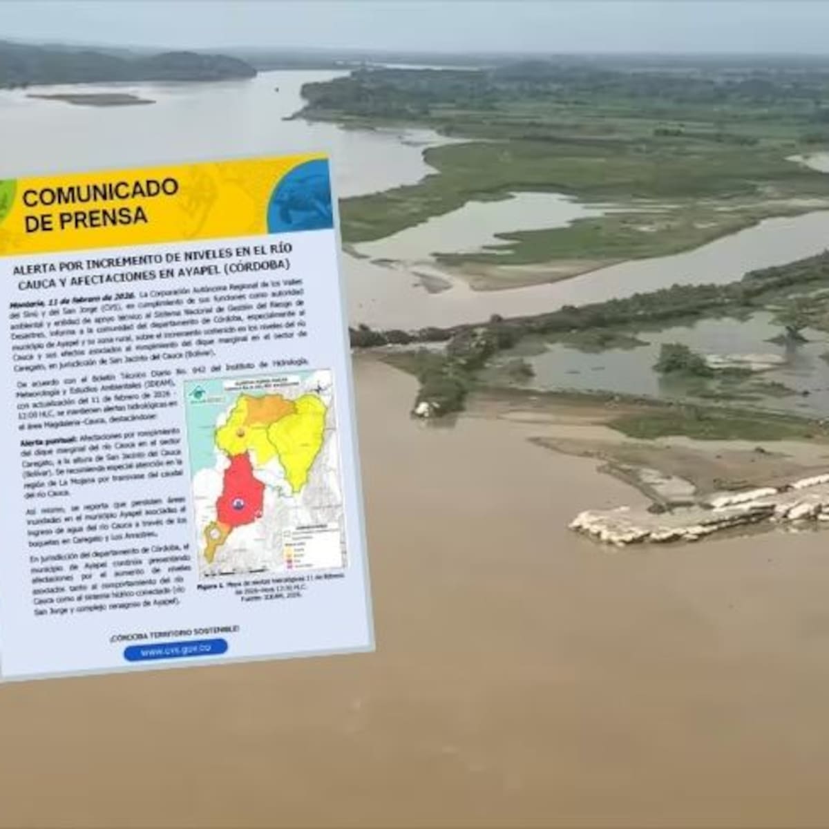Alerta en Ayapel por desbordamiento del río Cauca y ruptura en Caregato