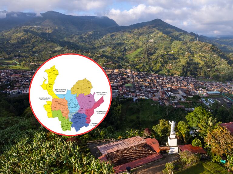Vista del pueblo de Jardín, Antioquia, en un día soleado / Mapa de Antioquia por subregiones (Getty Images / Gobernación de Antioquia)
