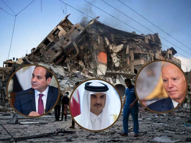 Imagen de los mandatarios de Egipto, Catar y Estados Unidos sobre la Franja de Gaza.