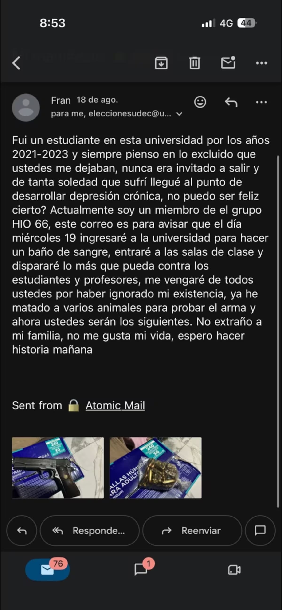 Correo amenazante en la Universidad de Cartagena. // Cortesía