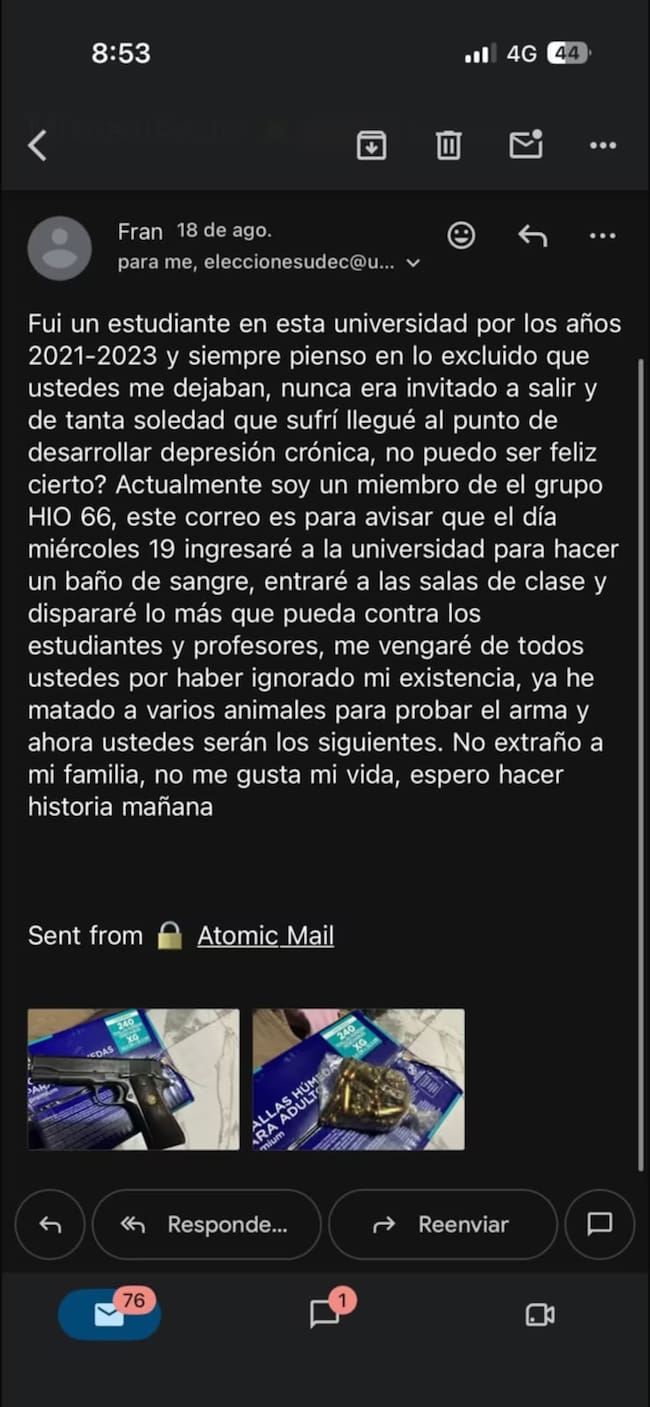 Correo amenazante en la Universidad de Cartagena. // Cortesía