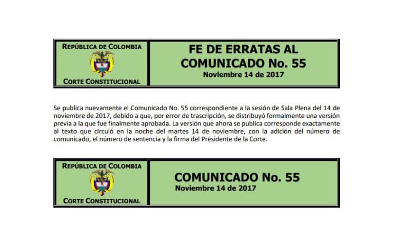 Comunicado publicado en la página de la Corte Constitucional.
