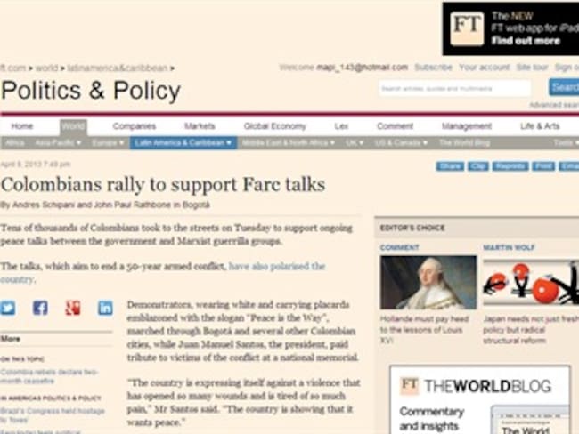 Concentración de apoyo a las Farc: Financial Times