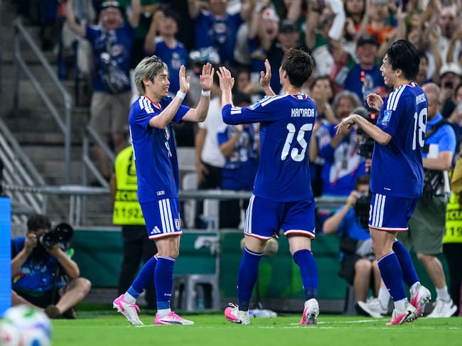 MONTERREY, MEXICO - JUNE 20: Junya Ito of Japan (L) celebrates his goal with teammates during the FIFA World Cup 2026 Group F match between Tunisia and Japan at Monterrey Stadium on June 20, 2026 in Monterrey, Mexico. (Photo by Martín Fonseca/Eurasia Sport Images/Getty Images)