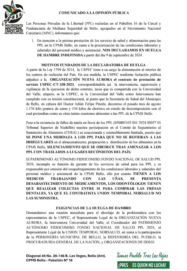 Comunicado huelga de hambre