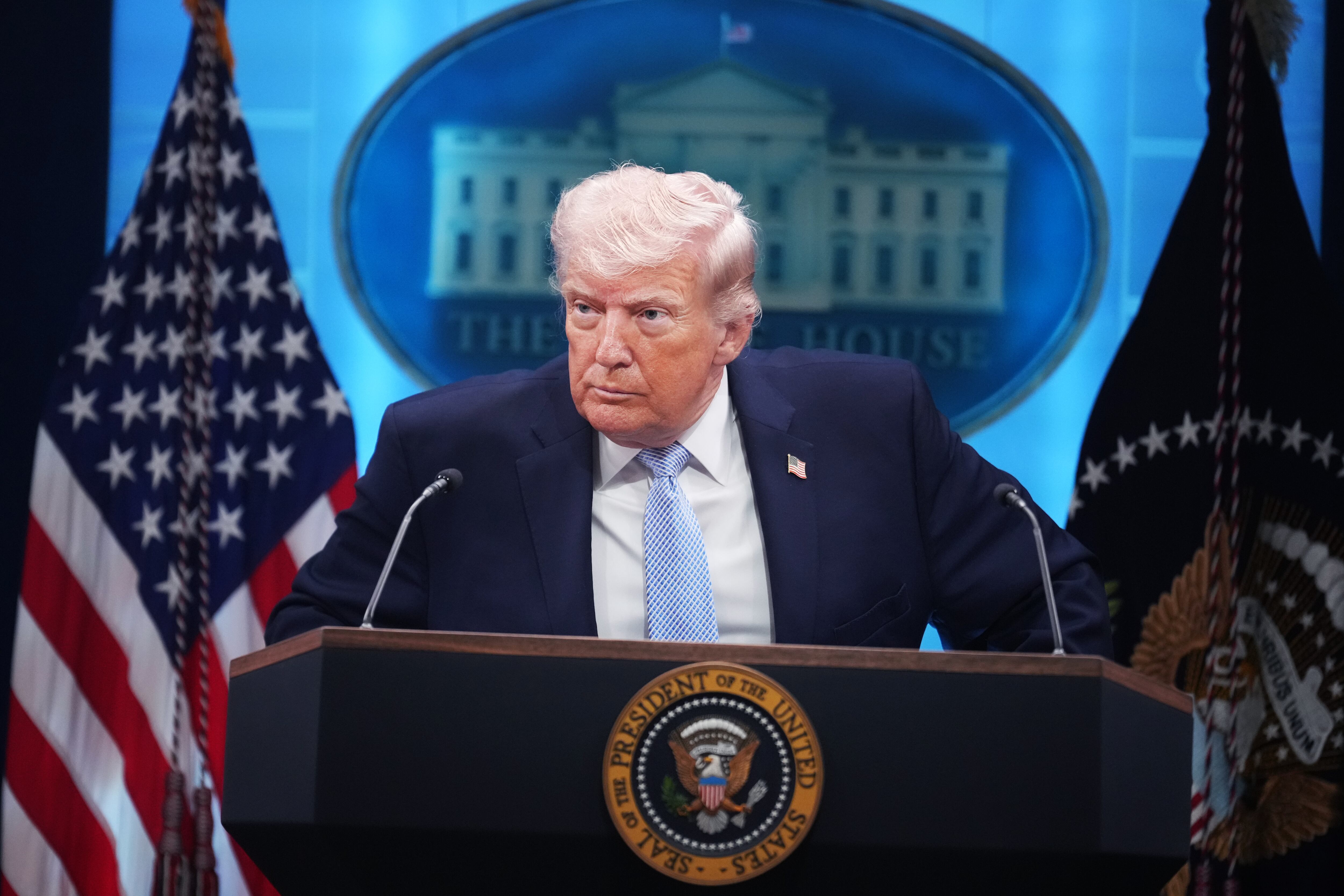 UNITED STATES - APRIL 6: President Donald Trump conducts a news conference in the White House briefing room about the war in Iran on Monday, April 6, 2026. (Tom Williams/CQ-Roll Call, Inc via Getty Images)
