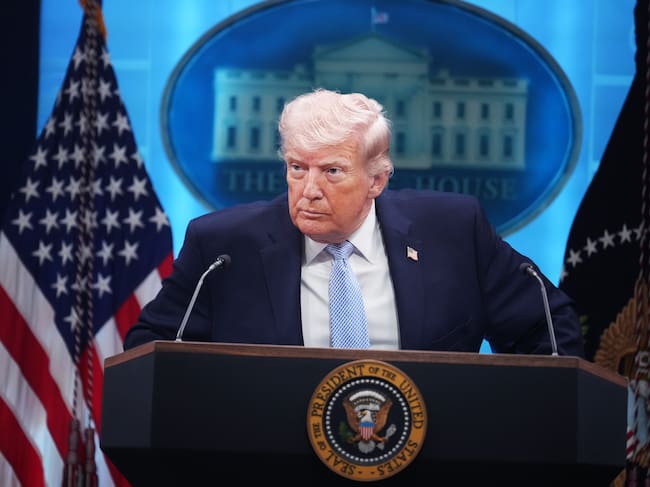 UNITED STATES - APRIL 6: President Donald Trump conducts a news conference in the White House briefing room about the war in Iran on Monday, April 6, 2026. (Tom Williams/CQ-Roll Call, Inc via Getty Images)