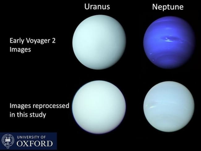 Imágenes de Urano y Neptuno de la Voyager 2/ISS publicadas poco después de los sobrevuelos de la Voyager 2 en 1986 y 1989, respectivamente, en comparación con un reprocesamiento de las imágenes de filtro individuales en este estudio. - NASA/UNIVERSIDAD DE OXFORD