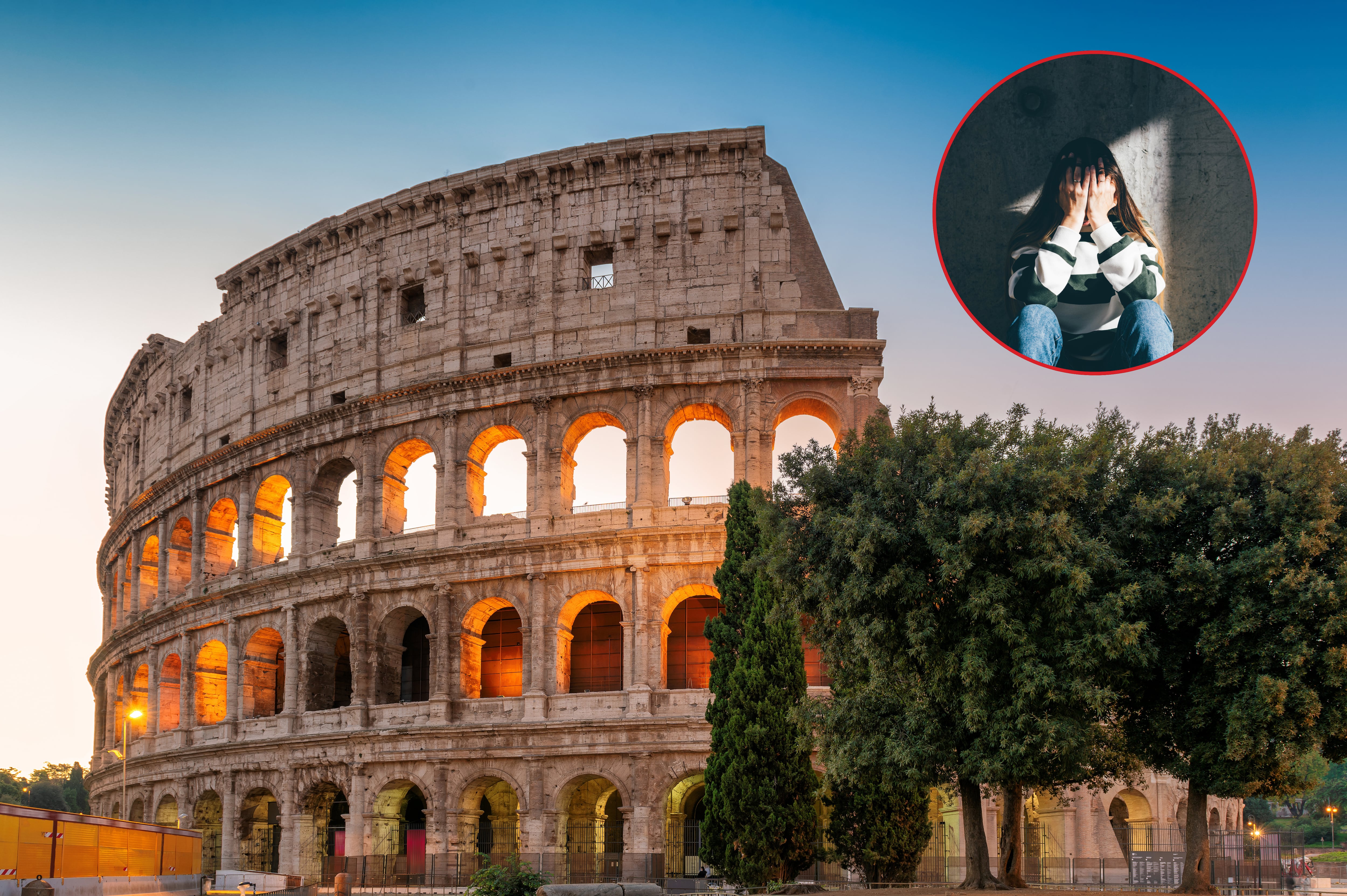 Imagen de referencia. Coliseo Romano (Roma): Getty Images / Persona lamentándose: Getty Images.