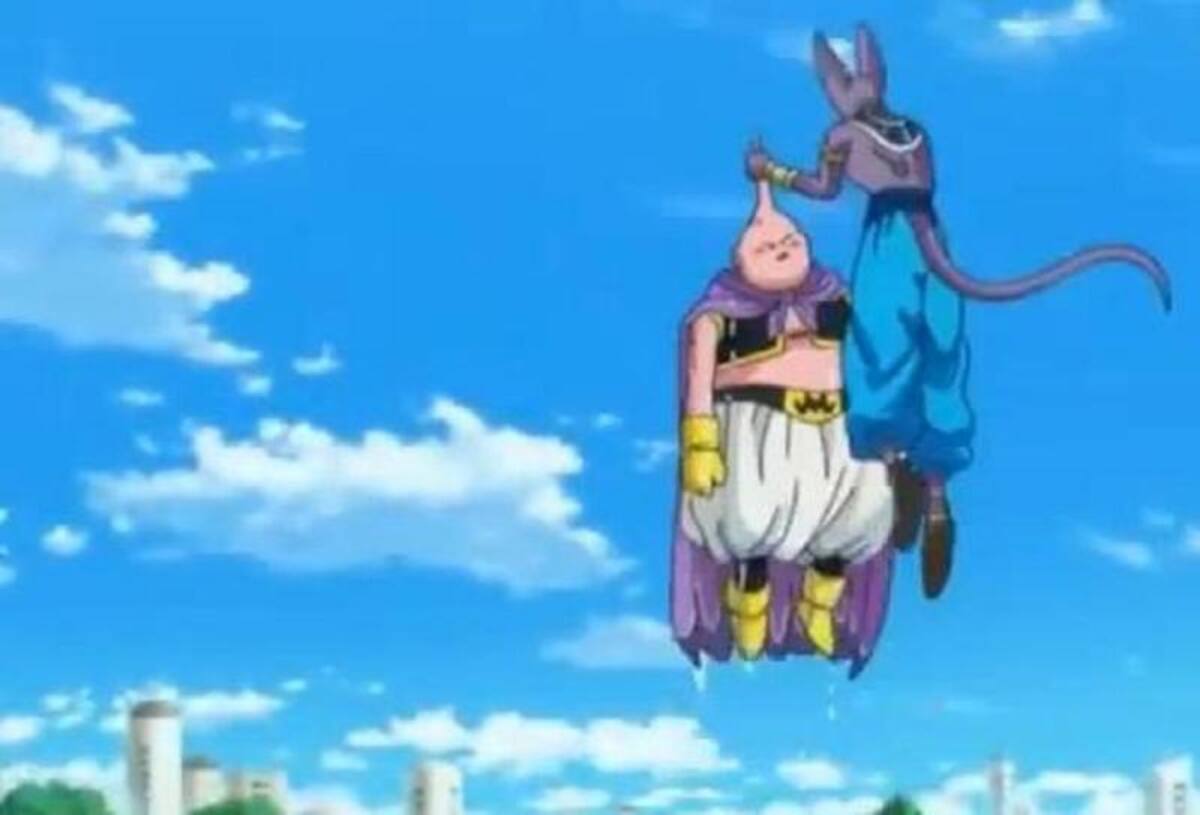 Bills sosteniendo a Majin Buu para matarlo