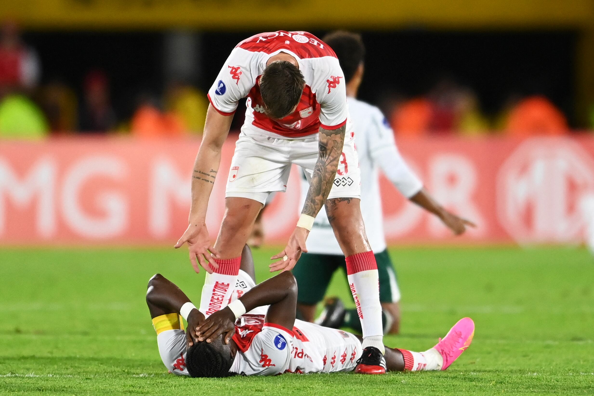 Players of Independiente Santa Fe react after the end of the Copa Sudamericana group stage second leg football match between Colombia's Independiente Santa Fe and Brazil's Goias at the Nemesio Camacho "El Campin" stadium in Bogota on June 28, 2023. (Photo by JUAN BARRETO / AFP) (Photo by JUAN BARRETO/AFP via Getty Images)