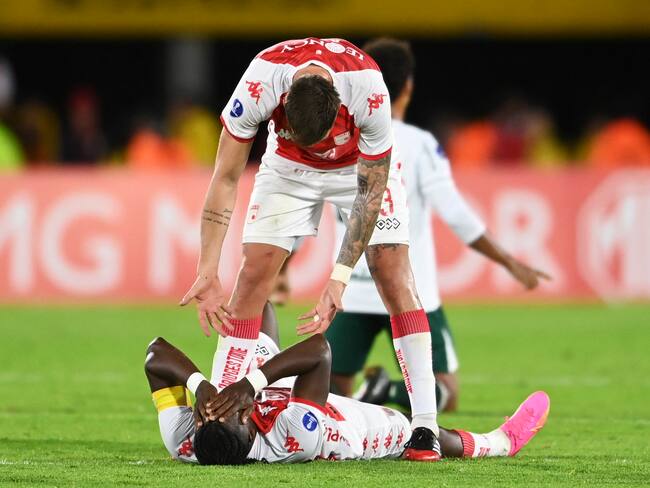 Players of Independiente Santa Fe react after the end of the Copa Sudamericana group stage second leg football match between Colombia's Independiente Santa Fe and Brazil's Goias at the Nemesio Camacho "El Campin" stadium in Bogota on June 28, 2023. (Photo by JUAN BARRETO / AFP) (Photo by JUAN BARRETO/AFP via Getty Images)