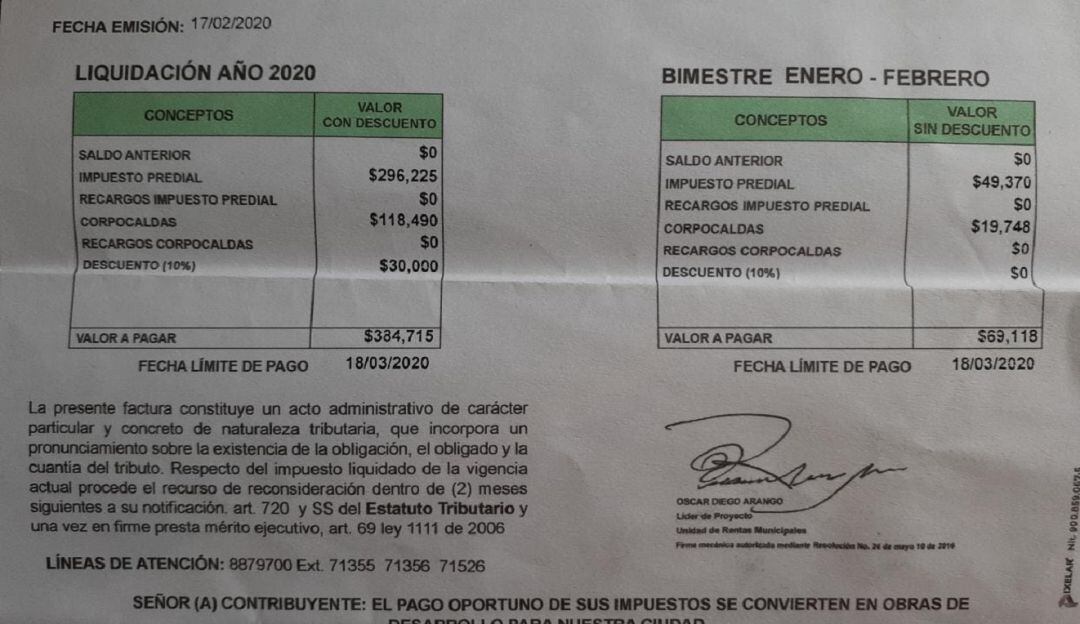 Factura del impuesto predial en Manizales
