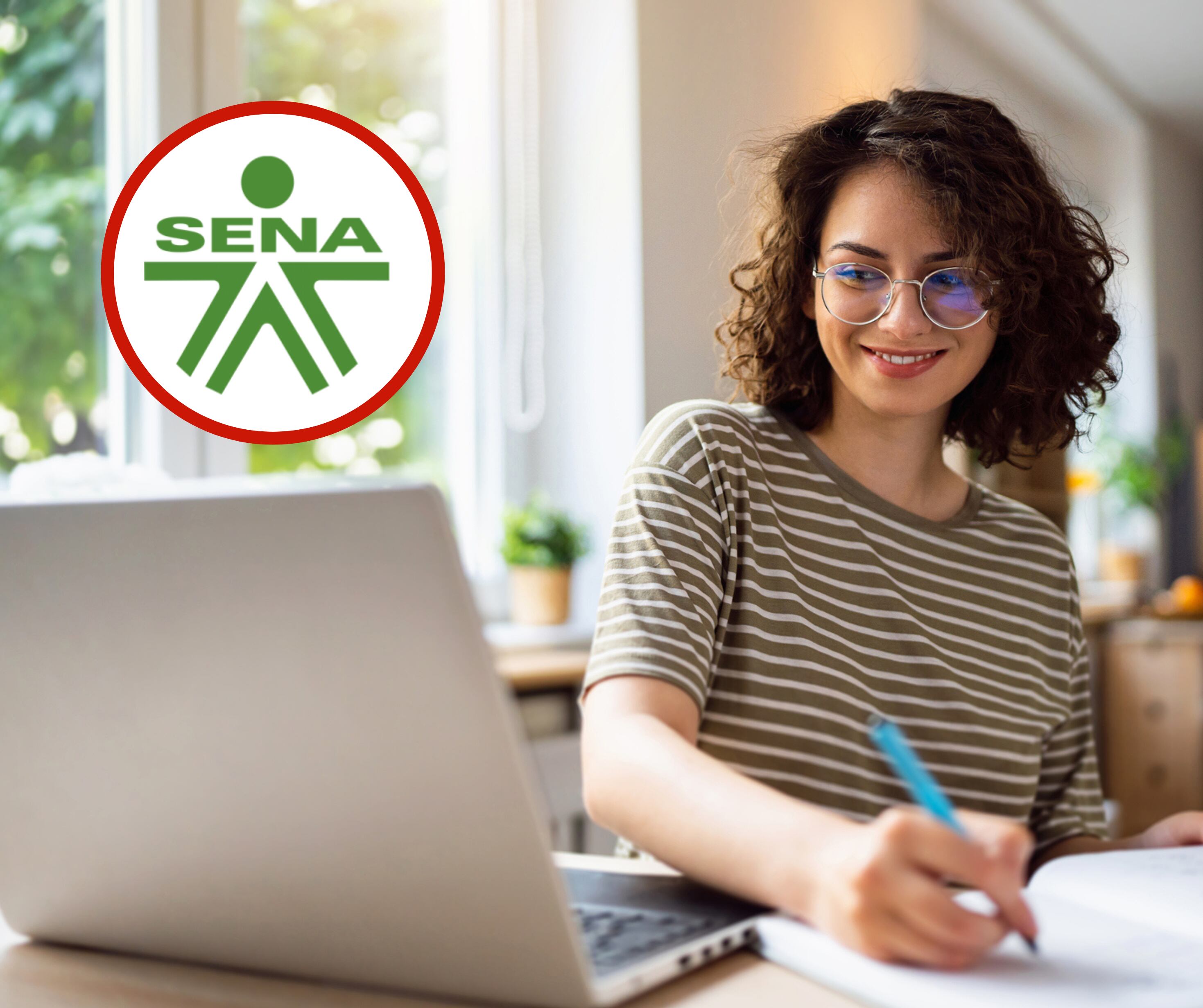 Mujer tomando curso en su computador junto al logo del SENA (Fotos vía Getty Images y Colprensa)