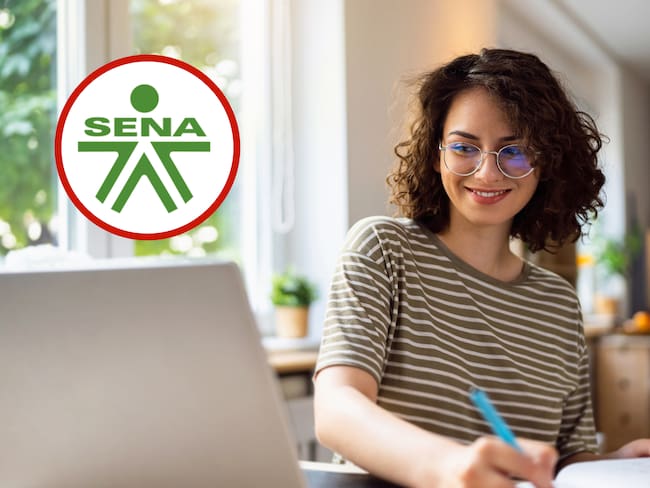 Mujer tomando curso en su computador junto al logo del SENA (Fotos vía Getty Images y Colprensa)
