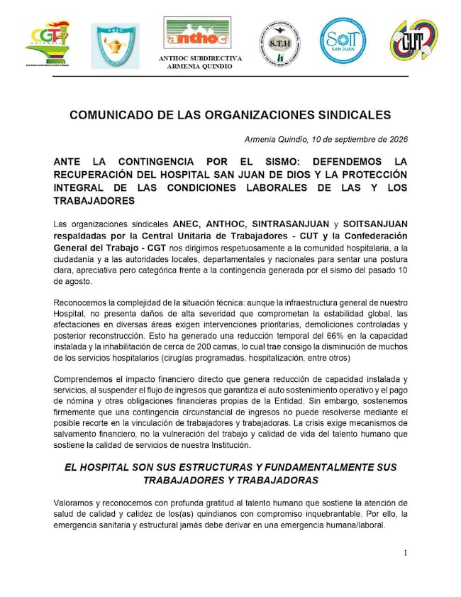 Comunicado sindicatos hospital San Juan de Dios de Armenia Foto: Cortesía Sindicatos