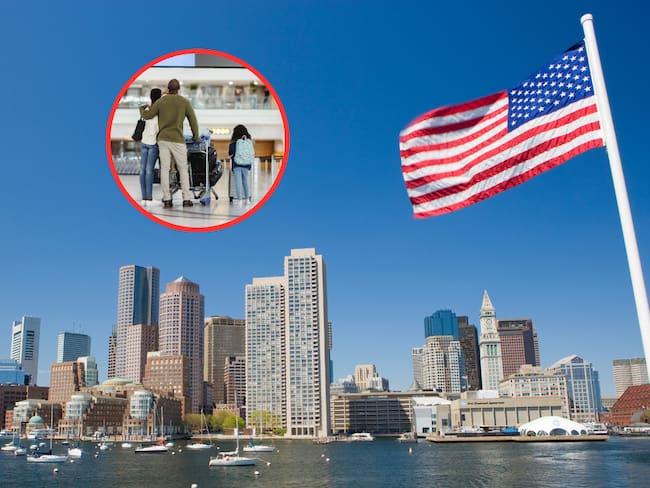 Vista de una ciudad de Estados Unidos y de fondo una familia con maletas de viaje (Fotos vía Getty Images)