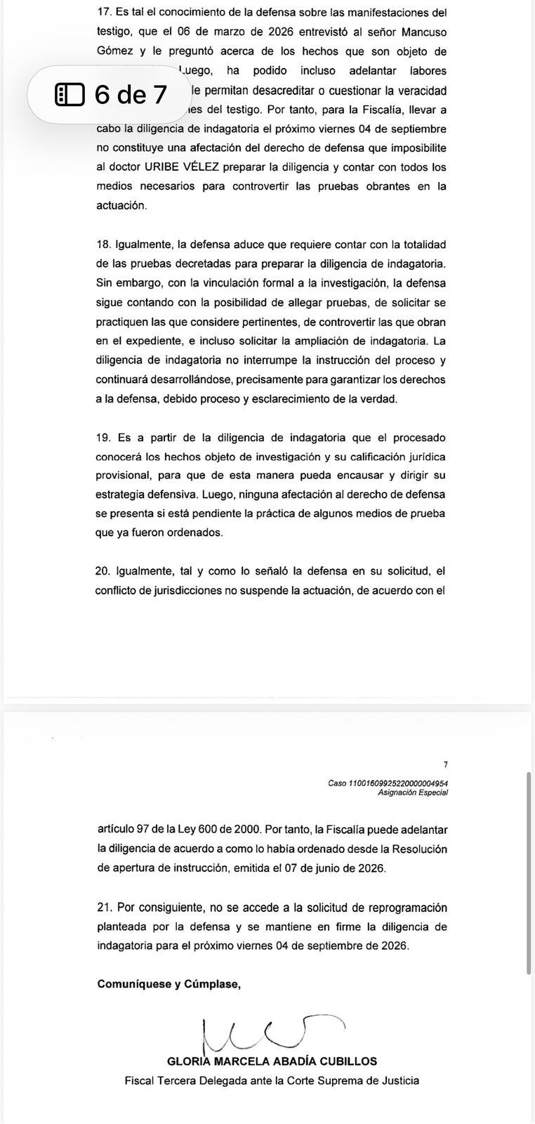Resolución de la Fiscalía sobre Álvaro Uribe.