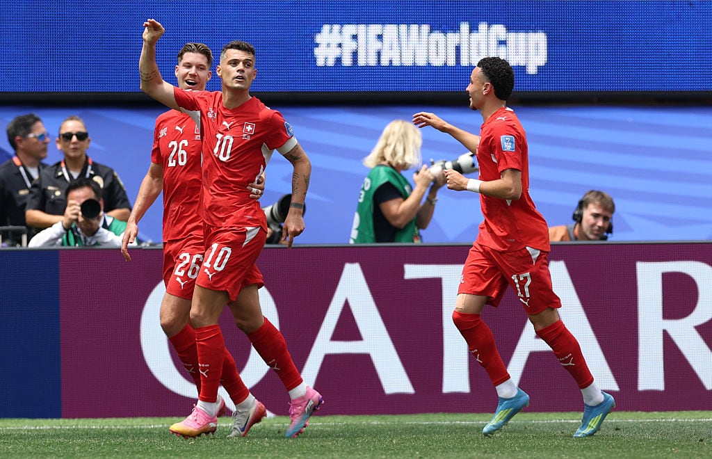 INGLEWOOD, CALIFORNIA - JUNE 18: Granit Xhaka #10 of Switzerland celebrates with teammates after scoring the team's fourth goal during the FIFA World Cup 2026 Group B match between Switzerland and Bosnia and Herzegovina at Los Angeles Stadium on June 18, 2026 in Inglewood, California. (Photo by Matt McNulty - FIFA/FIFA via Getty Images)