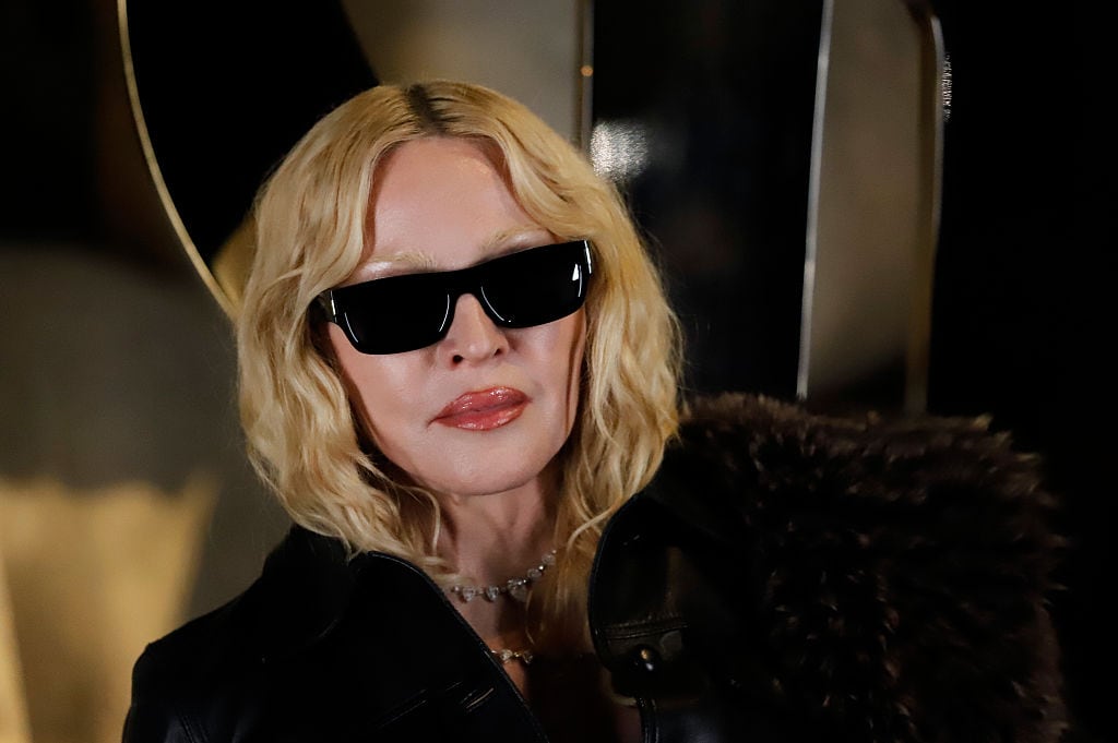 Madonna at the Saint Laurent fashion show as part of Spring/Summer 2026 Paris Fashion Week held at Fontaine du Trocadéro on September 29, 2025 in Paris, France. (Photo by River Callaway/WWD via Getty Images)