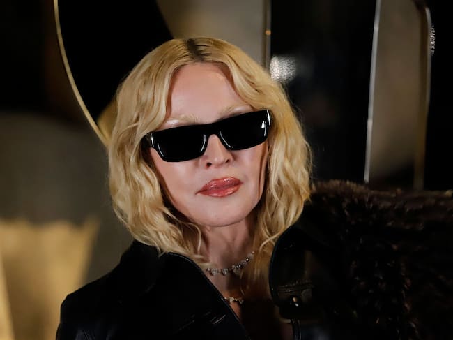 Madonna at the Saint Laurent fashion show as part of Spring/Summer 2026 Paris Fashion Week held at Fontaine du Trocadéro on September 29, 2025 in Paris, France. (Photo by River Callaway/WWD via Getty Images)
