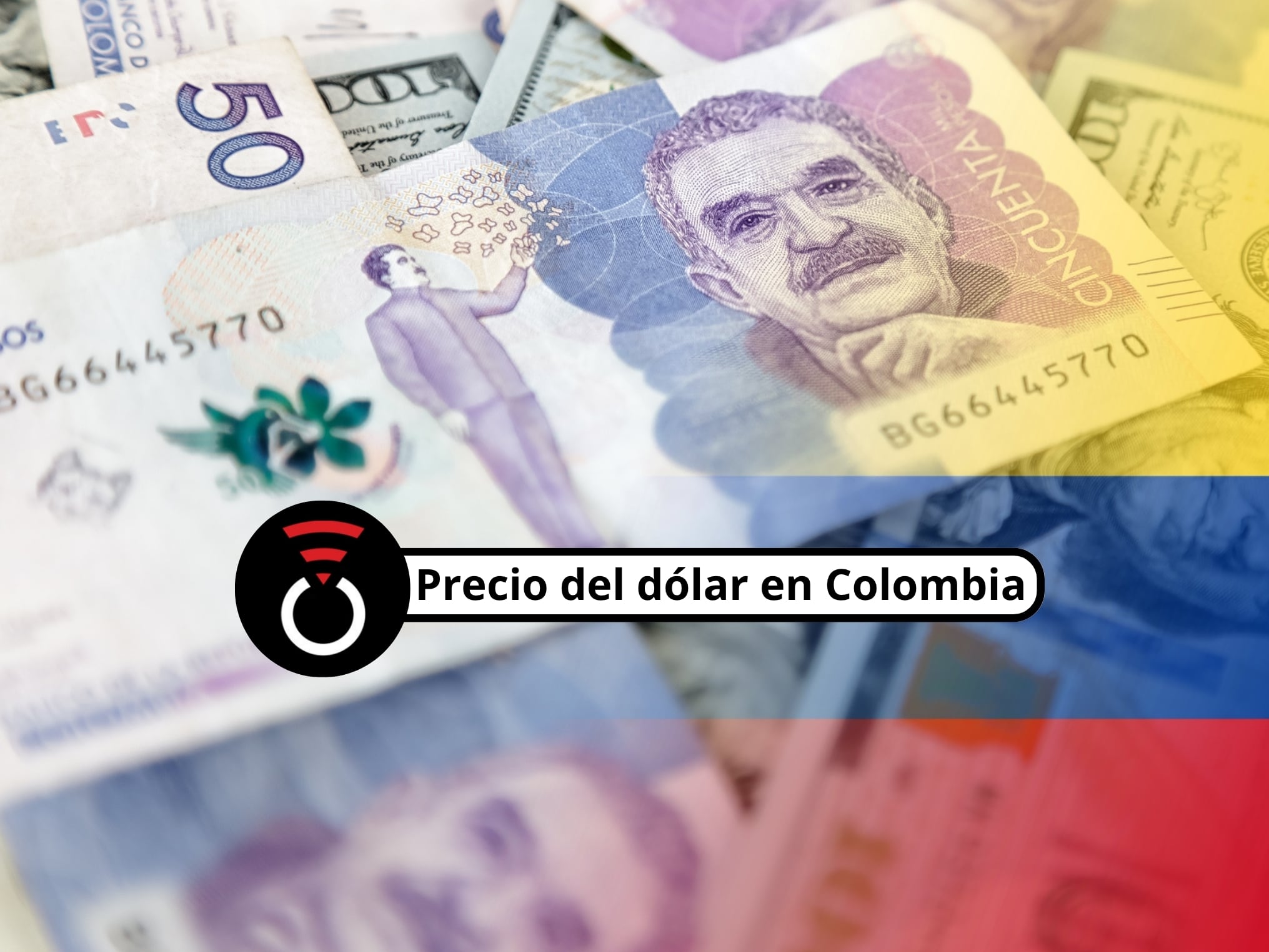 De fondo: Varios billetes de pesos colombianos y dólares estadounidenses apilados. A la derecha hay un fondo translúcido de la bandera de Colombia (Crédito: Getty Images)