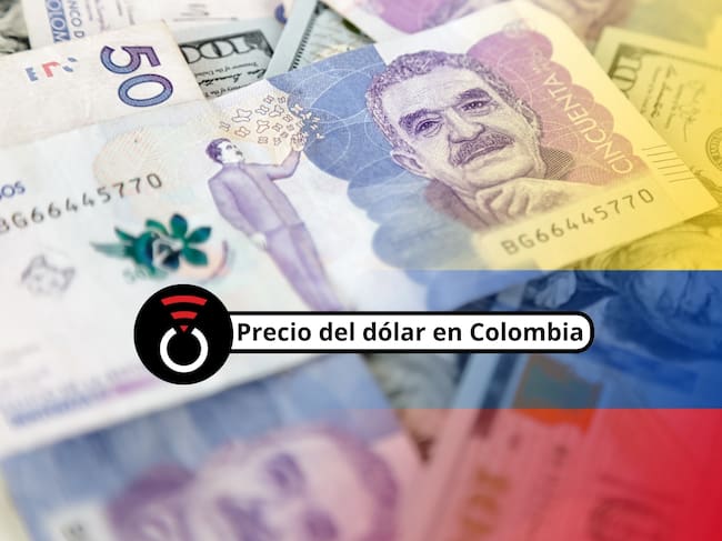 De fondo: Varios billetes de pesos colombianos y dólares estadounidenses apilados. A la derecha hay un fondo translúcido de la bandera de Colombia (Crédito: Getty Images)