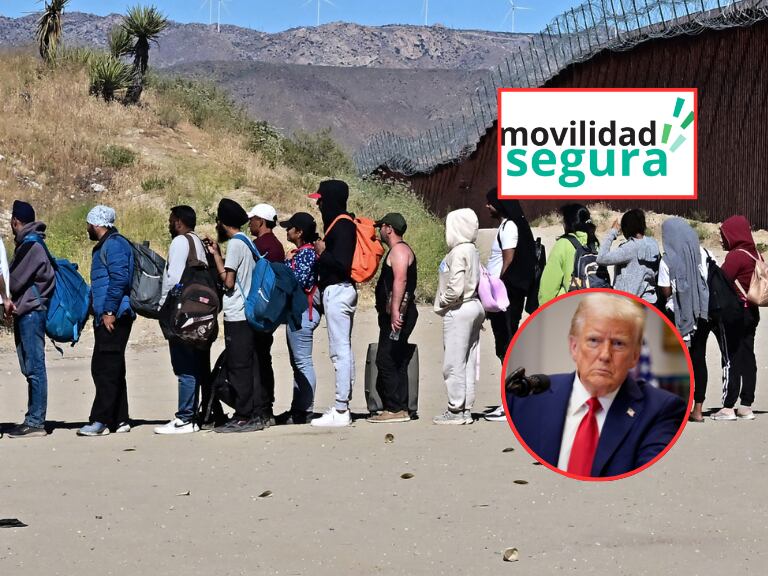 Logo del programa Movilidad Segura, Donald Trump y al fondo una fotografía alusiva a la migración ilegal (Fotos vía COLPRENSA y Getty Images)